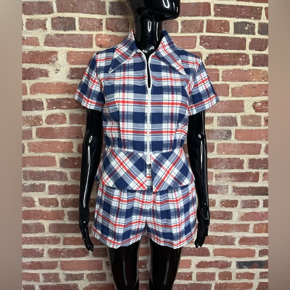 Vintage Other - Vintage 70s Two Piece Plaid Short Set in Red White and Blue Seersucker Fabric